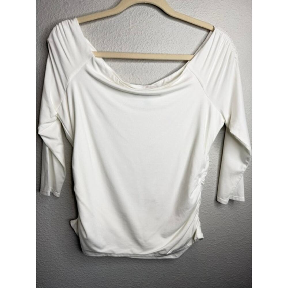 WHBM White House Black Market Cream Ruched Boat Neck Top L Soft Stretch - Picture 3 of 10
